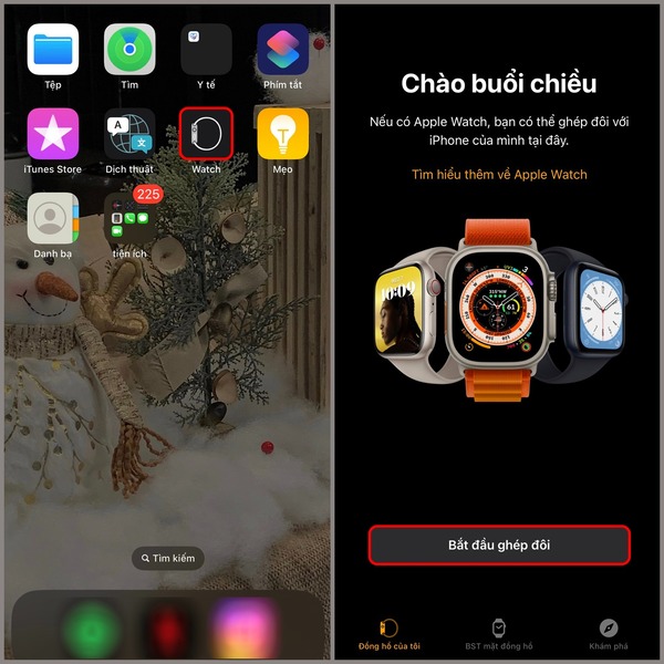 Vào ứng dụng Watch trên iPhone và chọn "Bắt đầu ghép đôi"  